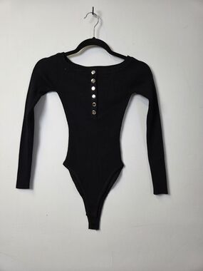 Forever 21 Black Ribbed Long-Sleeve Bodysuit with Button Front